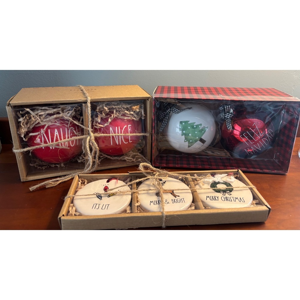 Rae Dunn Christmas Ornament Bundle Naughty Nice Feliz Navidad It's Lit 7pc Set